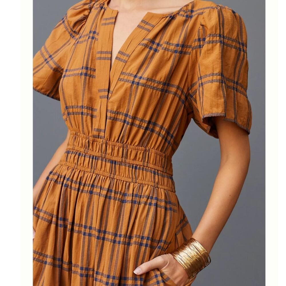 Maeve by Anthropologie Sumerset Camel Plaid Tiered Maxi Dress M Prairie Fall - Picture 2 of 16